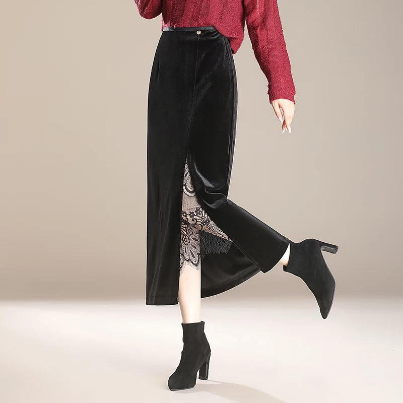 

ZUZK Velvet Lace Splice Midi Skirt For Women New Sping High Waist Fashion Skirt With Slit One-step Design Polka Dot