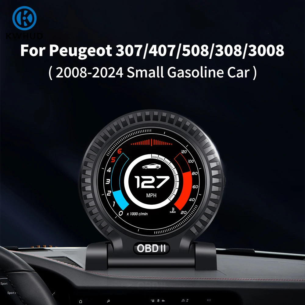 

KWHUD HUD OBD2 Head-up Display Car Multi Gauges for Peugeot 407/307/508/308/3008 2008-2024 Gasoline Car Speed/RPM/Volt/ODO/Clock