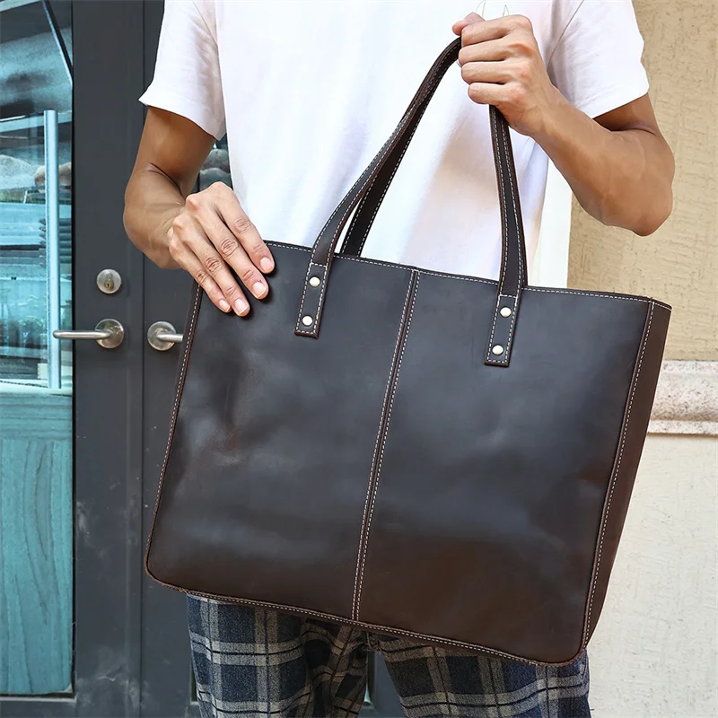 A4 Big Vintage Brown Genuine Crazy Horse Leather 14\'\' 15.6\'\' Laptop Men Women Handbag Lady Shoulder Bag Female Tote M6590