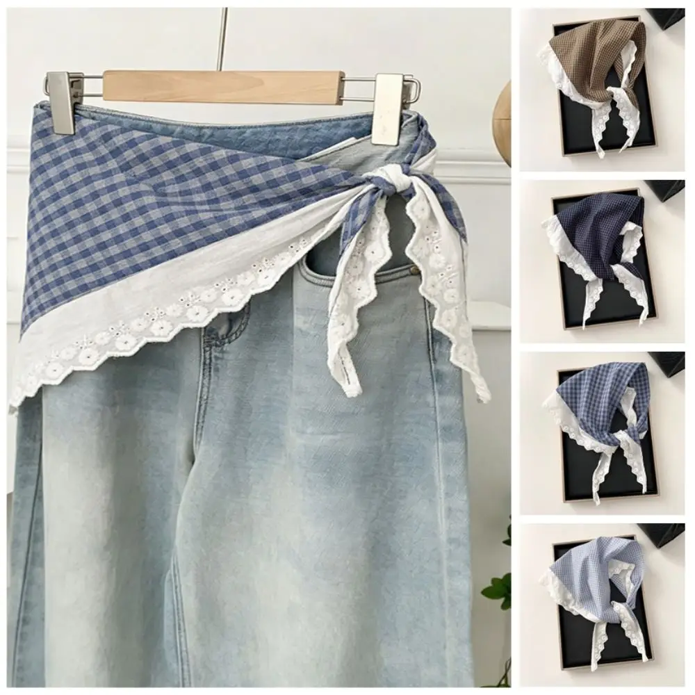 

Fashion Lace Padded Headscarf Plaid Design Linen Fabric Triangle Scarf Cotton Material Layering Scarf Women's