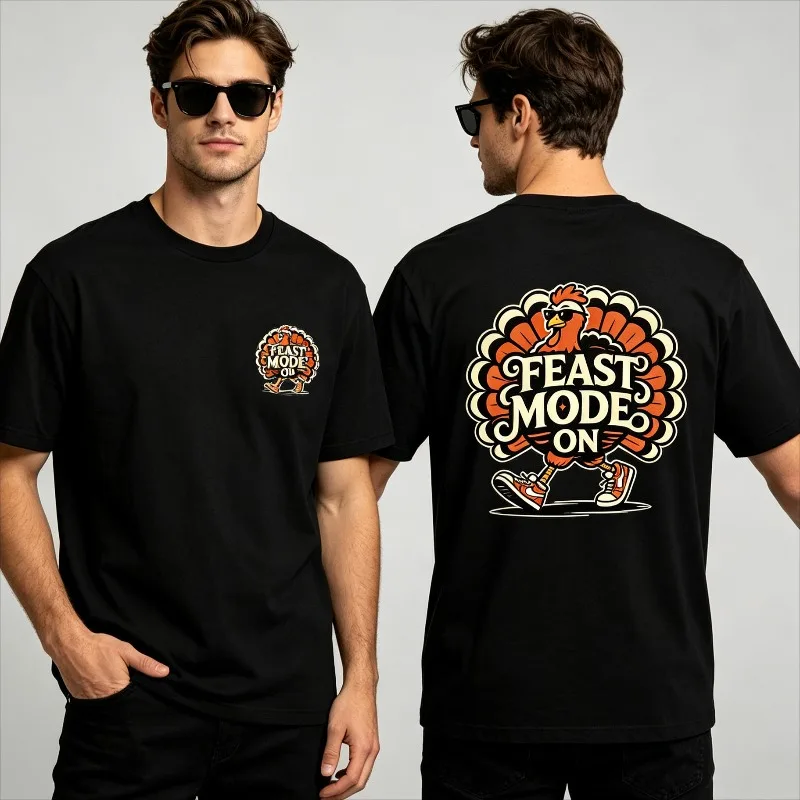 “FEAST MODE ON” Funny Turkey Sunglasses Graphic T-Shirt Men’s Front Small Print Back Large Print Soft Modal Tee Casual Top