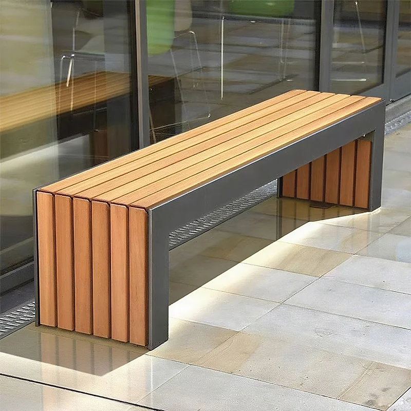 Backless Solid Wood Eco-Friendly Durable Bench Urban Street Furniture Outdoor Benches for Park Plaza Rectangle Metal Chair