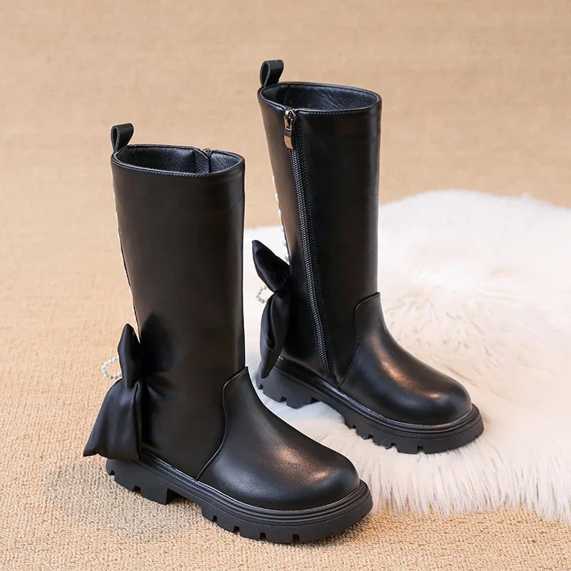 Botas elegantes de moda negras para niñas, botas de nieve de retazos para niños, dulce lazo, versátiles, botas altas de pasarela de princesa para niños