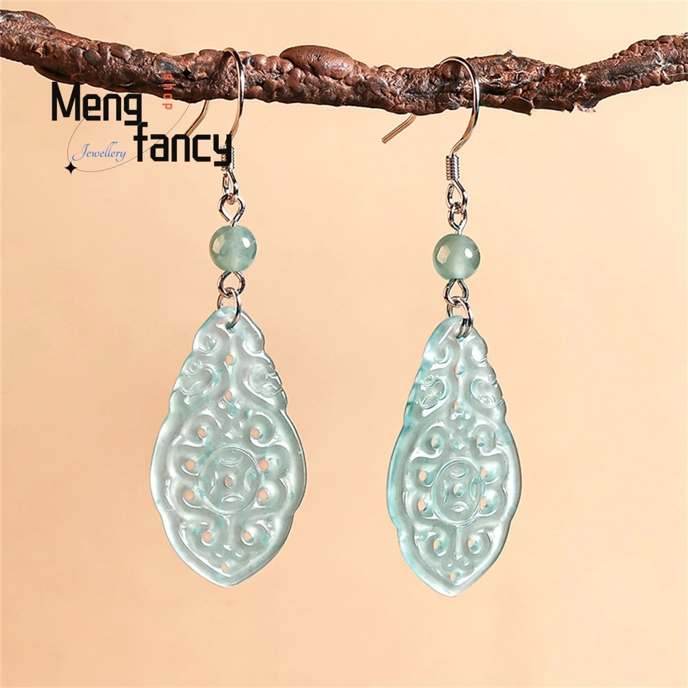 

Natural A-Grade Jade Blue Water Double Dragon Hollowed-Out Earrings S925 Silver Ice Type Jade Earrings Ancient-Style Earrings