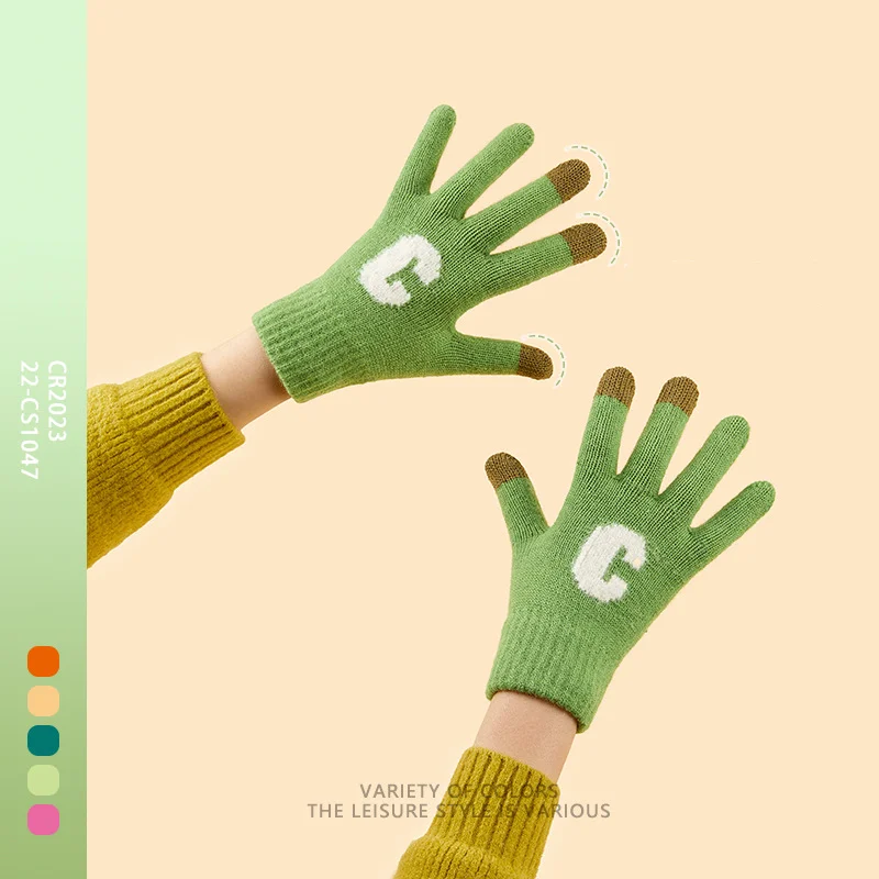 

Cute Letter Vintage Touch Screen Gloves Women Winter Full Finger Hand Warmer Velvet Acrylic Knitted Glove Female Young Students