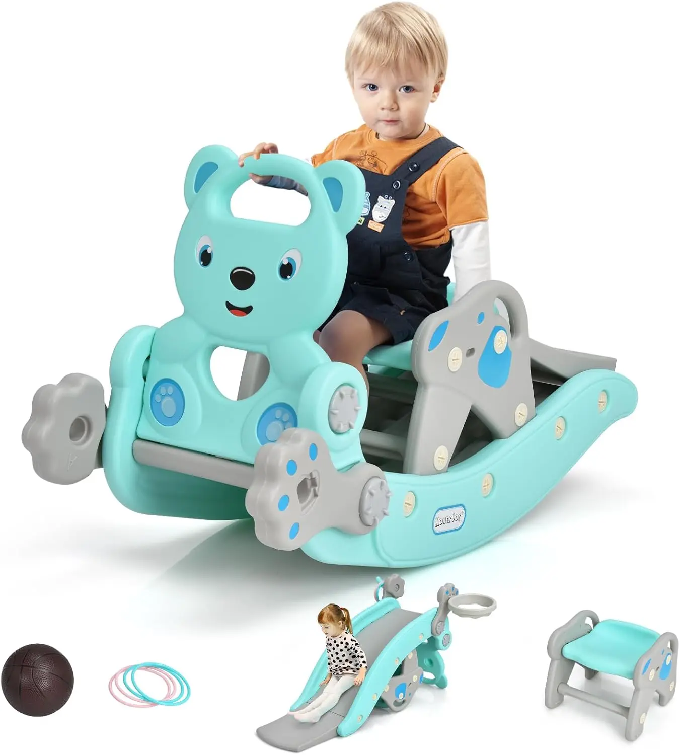 

5 in 1 Toddler Slide Rocking Toy, Rocking Horse Playset with Slide, Basketball Hoop, Ring Toss Game, Stool & Inflatable Basketba