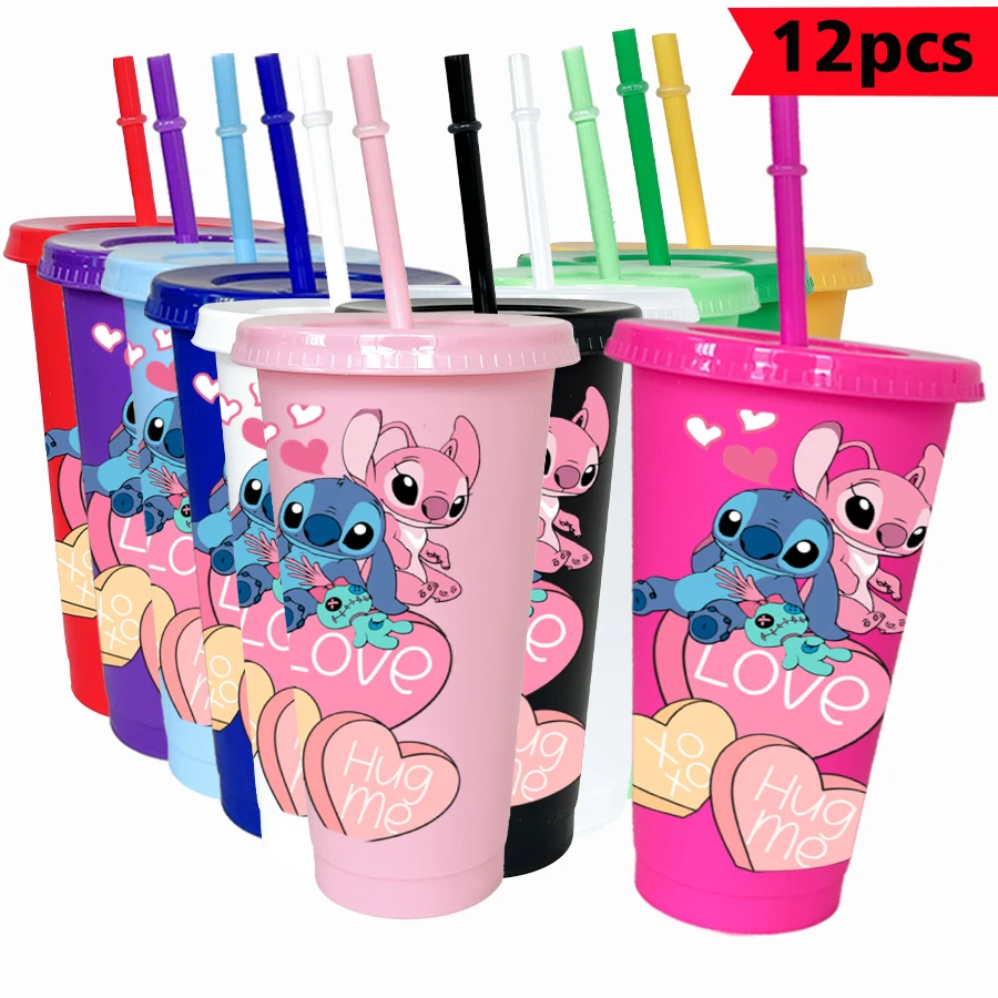 

12 шт./лот Disney Stitch Angel 26 унций красочный пластиковый стакан для дня рождения, посуда для напитков, чашки для сока, кофе