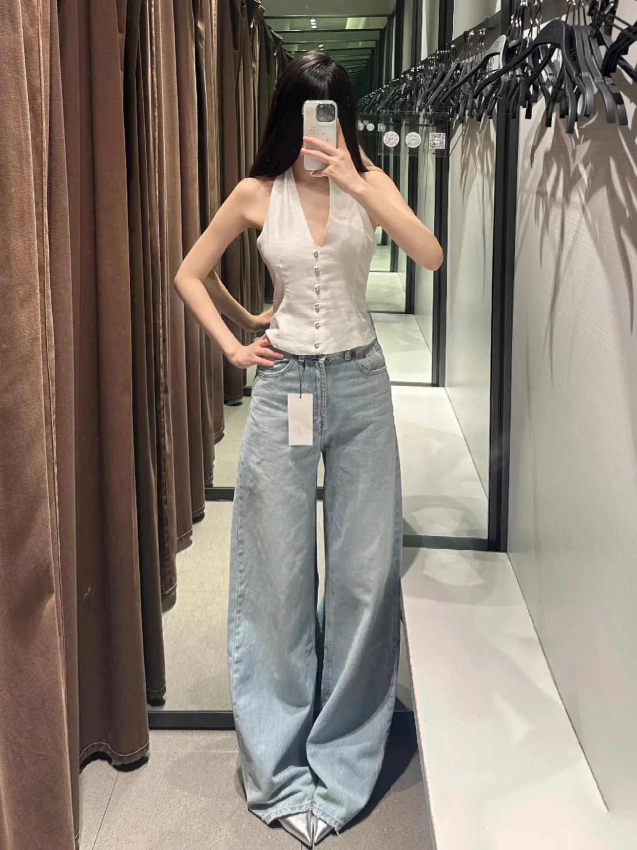 กางเกงยีนส์ทรงตรงหลวมสไตล์อเมริกันย้อนยุค SUMU สำหรับผู้หญิง ทรงคลีนฟิต สตรีท สไตล์ เอวสูง ผ้าฝ้ายเดนิม