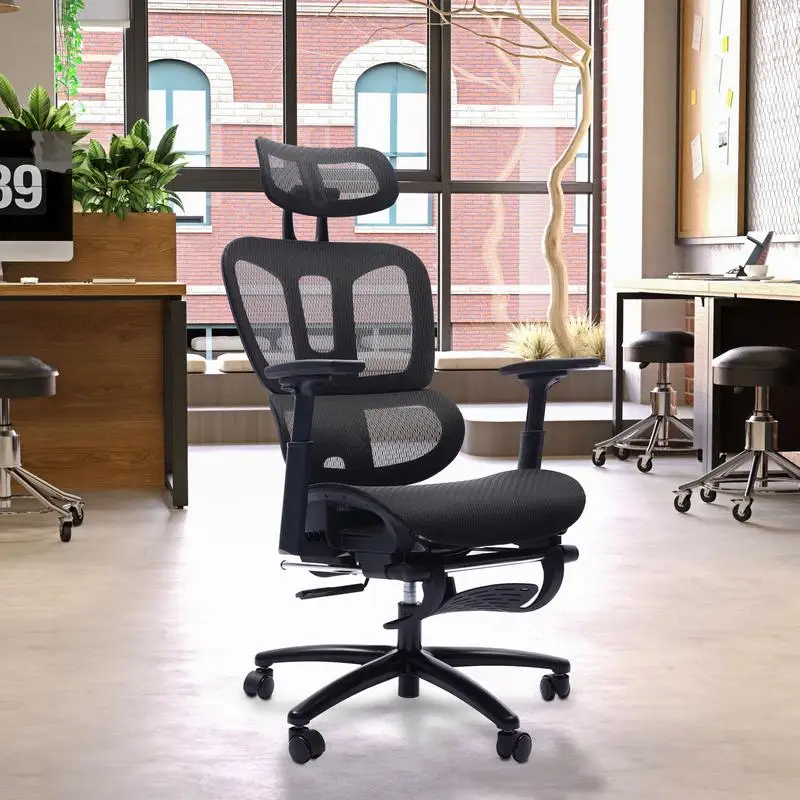 

Ergonomic Black Mesh Office Chair with Adjustable Headrest and Footrest for Conference and Computer Use
