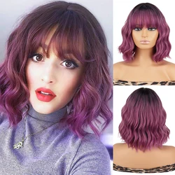 Werd curto bob onda perucas sintéticas roxo ombre para mulher com franja vermelho rosa preto synthet natural lolita peruca