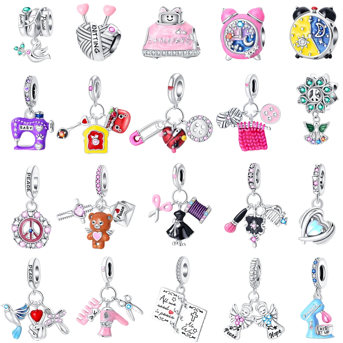 

Original 925 Charms Sterling Silver Alarm Clock Bird Bread Wool Bear Angels Beaded Pendant DIY Bracelet Ladies Jewelry Gift