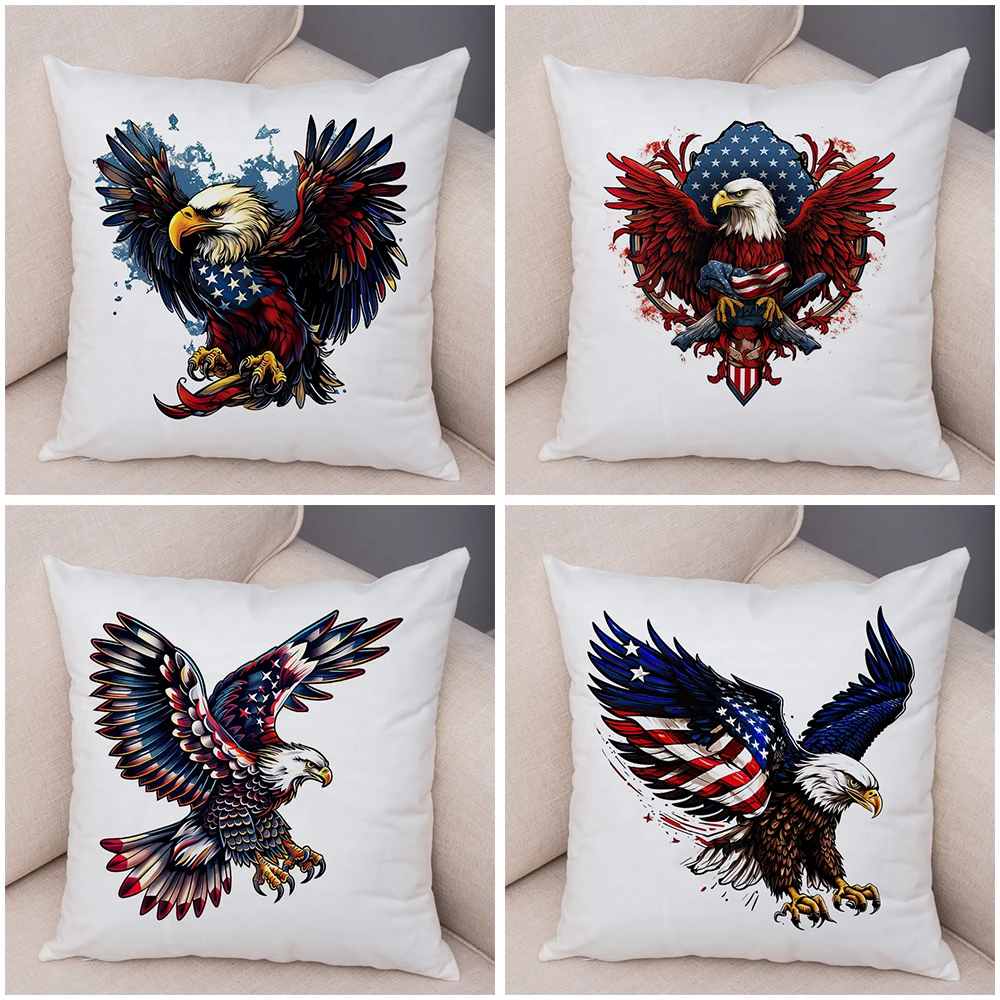 Double Print Cute USA Bald Eagle Cushion Cover Pillowcase Decor Cartoon BirdSuper Soft Plush Pillow Case for Sofa Home Car