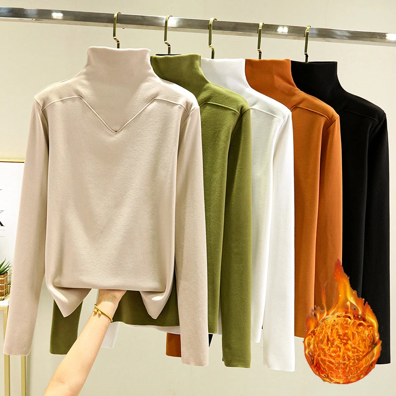 

2024 Women Autumn Winter New Half-high Collar T Shirts Female Solid Bottoming Tops Tees Ladies Loose Long-sleeved T-shirt H339