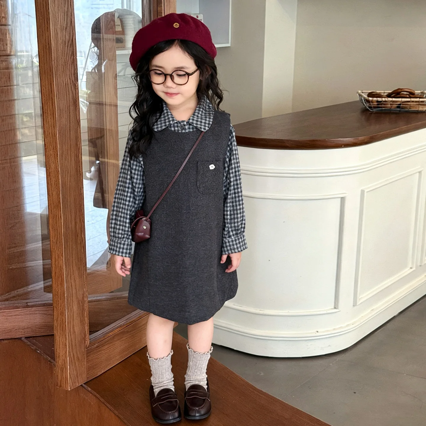 Korean dress girls spring autumn winter college style suit skirt 2026 new baby treasure plaid shirt woolen vest skirt