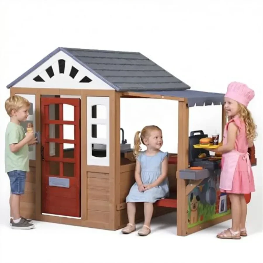 Outdoor Playhouse, en Playhouse for Ages 3-8 with BBQ Grill, Kitchen Set, Doodle Whiteboard, Picnic Table, Mail Receiver andWor