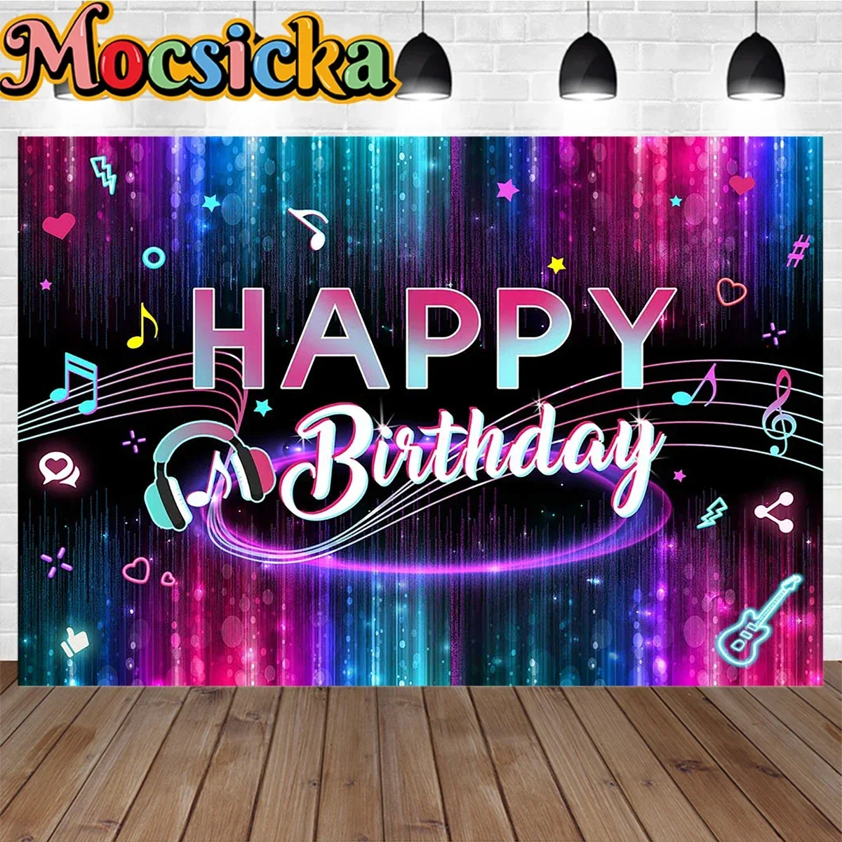Happy Birthday Music Poster Background Banner Dynamic Colorful Light Glitter Decoration Backdrop Adult Kid Holiday Party Photo