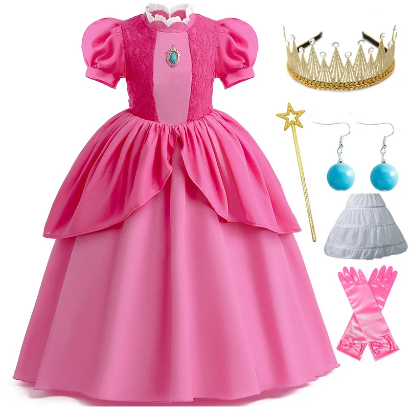 Princess Peach Chiffon Lace Girls Cosplay Dress Baby Kids Vestidos Party Dresses Carnival Halloween Costume for 3-11 years