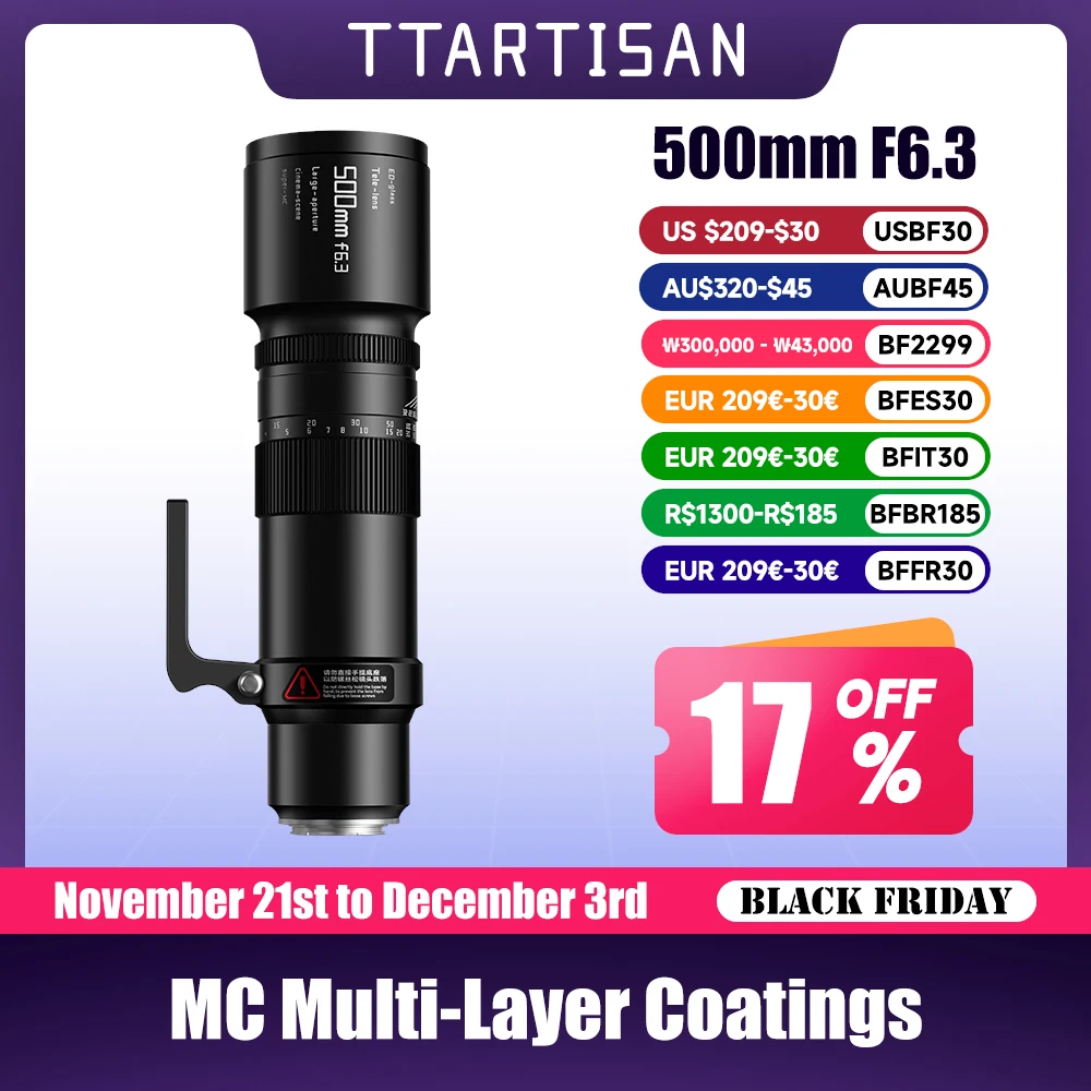 TTArtisan 500mm F6.3 Telephoto lens for Sony E Nikon Z Canon RF and Leica Sigma Lumix L mount Mirrorless Camera