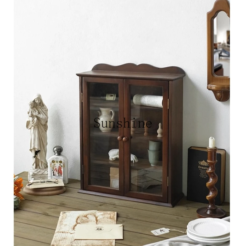 Home Furnishing Medieval Desktop Storage Cabinet Solid Wood Tea Set Dust Box Cosmetics Multi-layer Shelf