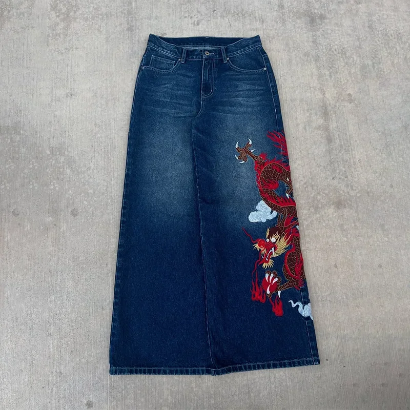 Celana Jeans Baggy Biru Vintage Y2K Bordir Loong Cina Gaya Harajuku Hip Hop High Street Ripple Wash Unisex Model Lurus