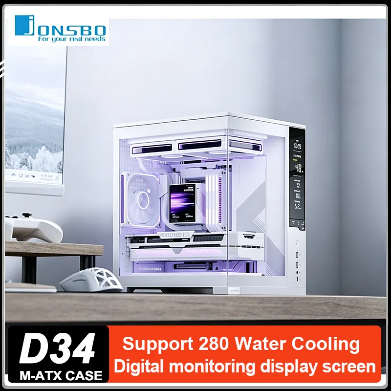 JONSBO D34 Compact Sea View Case Micro ATX PC Chassis Front Hardware Monitor Screen Support BTF Mainboard 240 Water Cooling