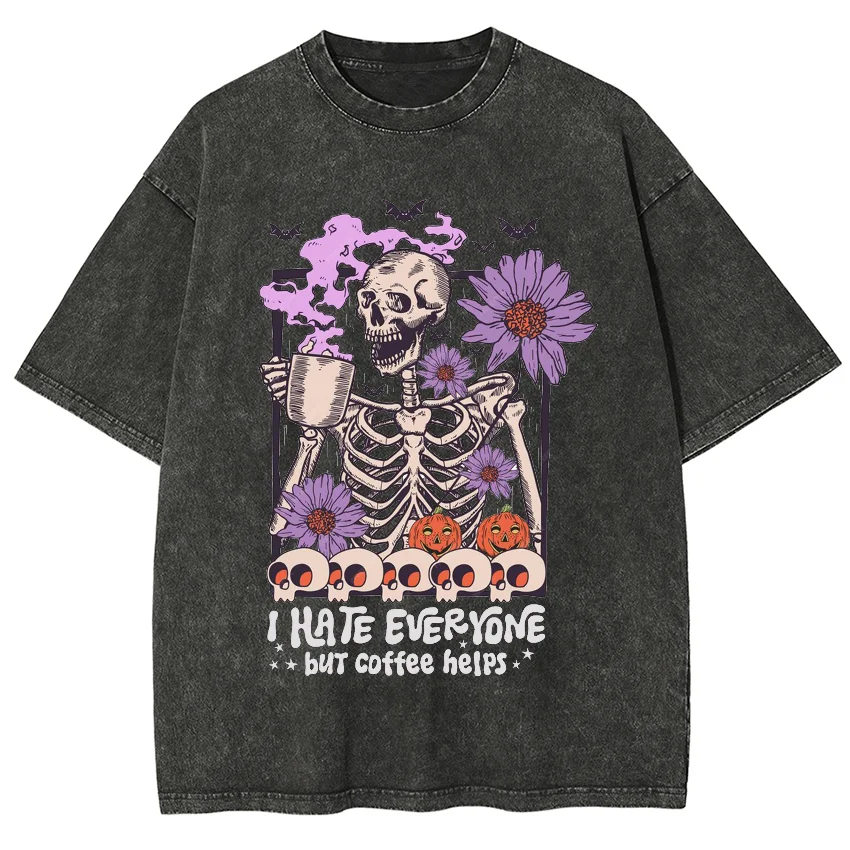 

Skull Flower Print Women's T-Shirt Washed Fabric Cotton Loose Short Sleeve Street Hip Hop Fashion Top Cute Style Tee