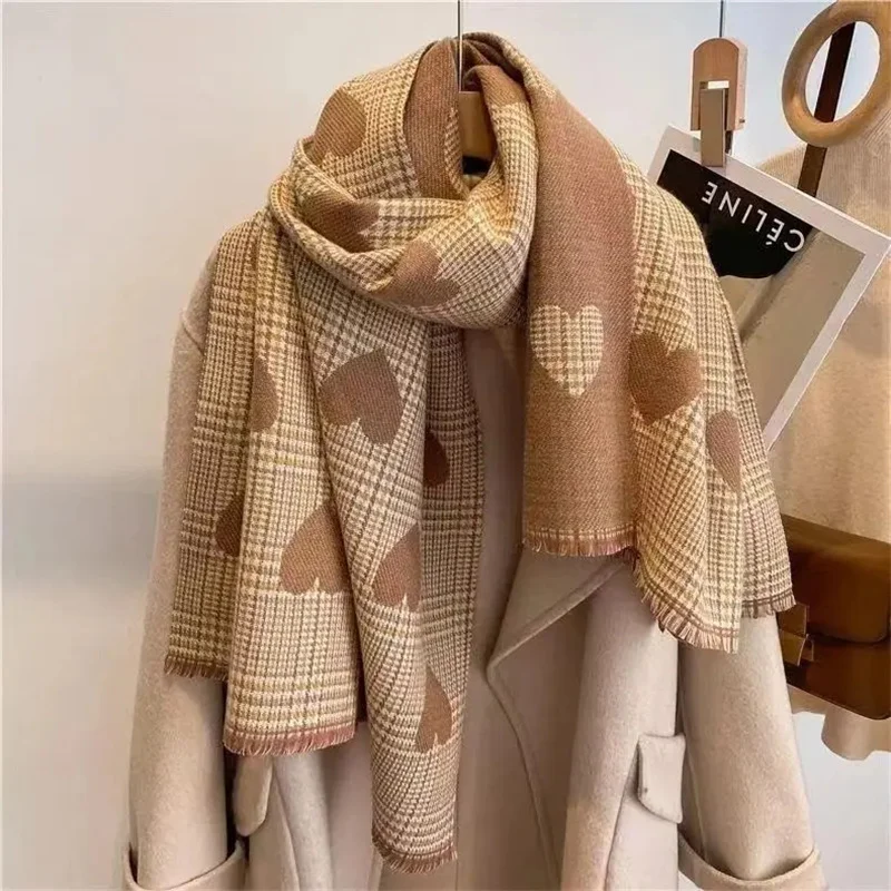 2024 New Double Side Cashmere Scarf Winter Women\'s Love Heart Plaid Ladies Long Thickened Warm Knitted Scarf Hijab Stole