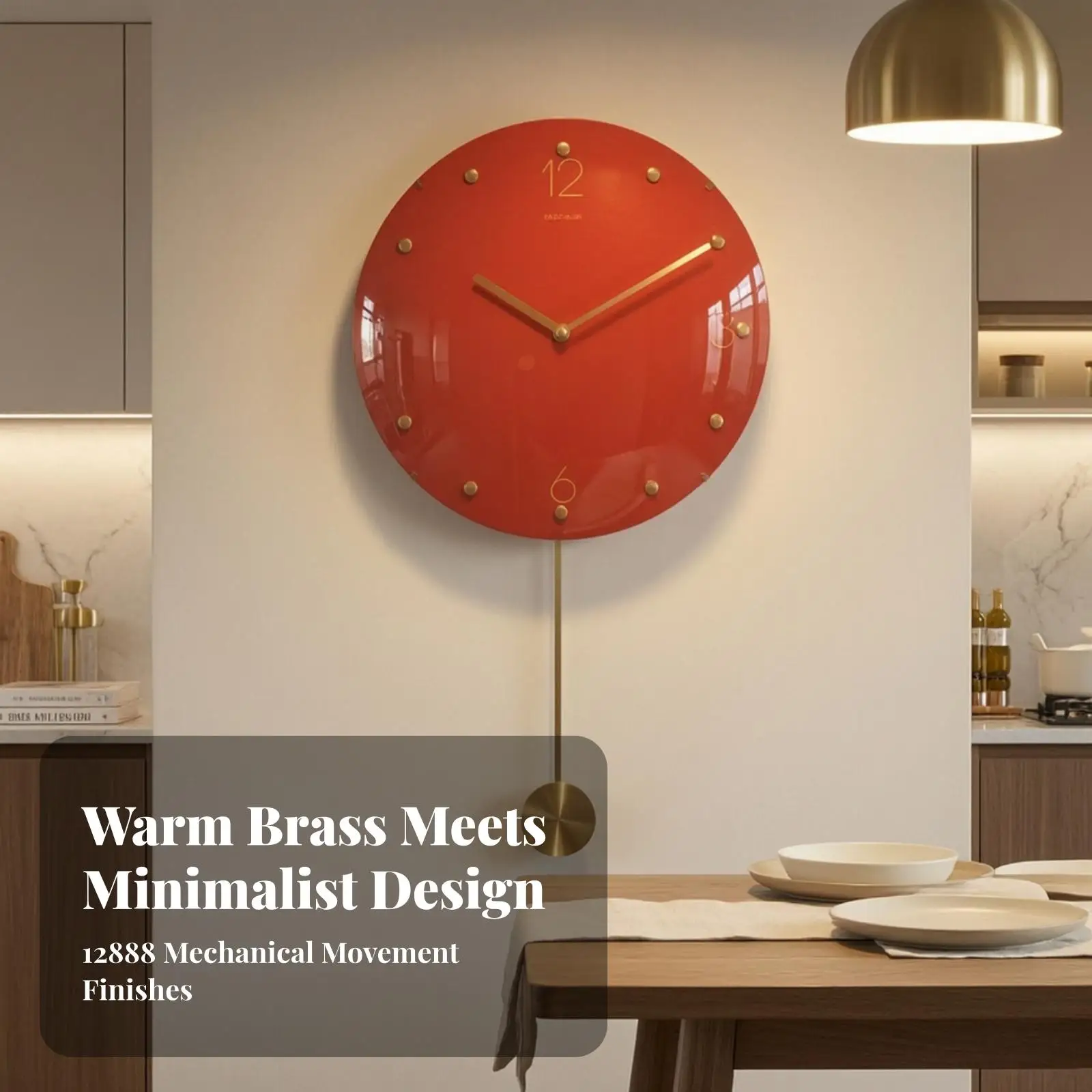 Modern Silent Sweeping Round Wall Clock with Pendulum Brass Hands for Office Lobby Decor
