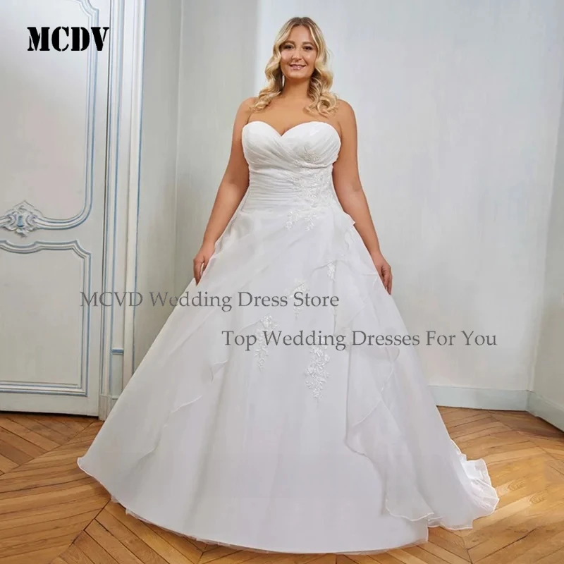 

MCDV Woman Plus Size Wedding Dresses Customized Sleeveless Sweetheart Pleat Applique Organza A Line Bridal Gown for Bride