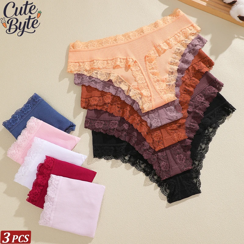 3PCS/SET Sexy Lace Panties Women's Cotton Breathable Briefs Soft Comfortable Skin-friendly Underwear Delicate Fashion Lingerie