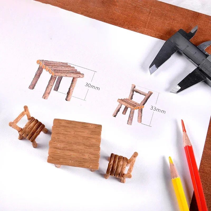 3 pz/set nuovo carino tavolo sedia in miniatura parco sedile Mini lungo panca in legno resina artigianato ornamento Micro Figurine decori per i bambini giocattoli