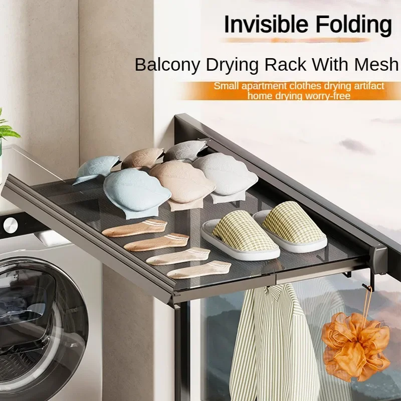 

Retractable Drying Rack with Net, Folding Laundry Drying Rack for Balcony, Wall Mouted Hanger Rack with Hooks for Shoes, Socks