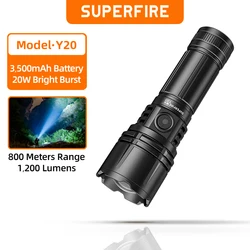 SUPERFIRE Y20 충전식 LED 손전등, 줌 기어 메모리 기능, 캠핑용 USB-C 토치, 800m 조명 거리, 20W