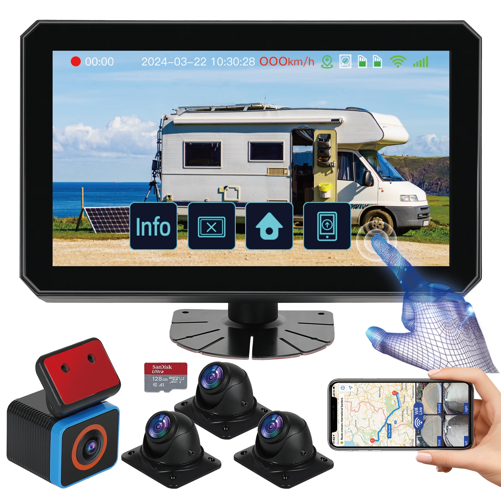 

6CH AI WiFi GPS RV Backup Camera System With 10.1" Touch Screen And 4 1080P Cameras Mobile DVR Dash Cam Sentry Mode