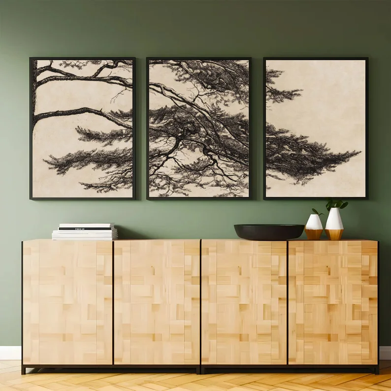 (No frame)Triptych Antique Rustic Pine Tree Branch Drawing Vintage Poster Canvas Painting Wall Art Pictures Home Interior Dec
