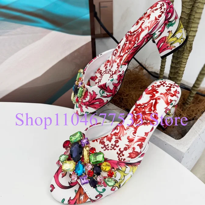 

Fashion Printed Flower Lady Crystal Sandals New Design Rhinestone Chunky Heel Woman Slippers Shoes Female Casual Shoes
