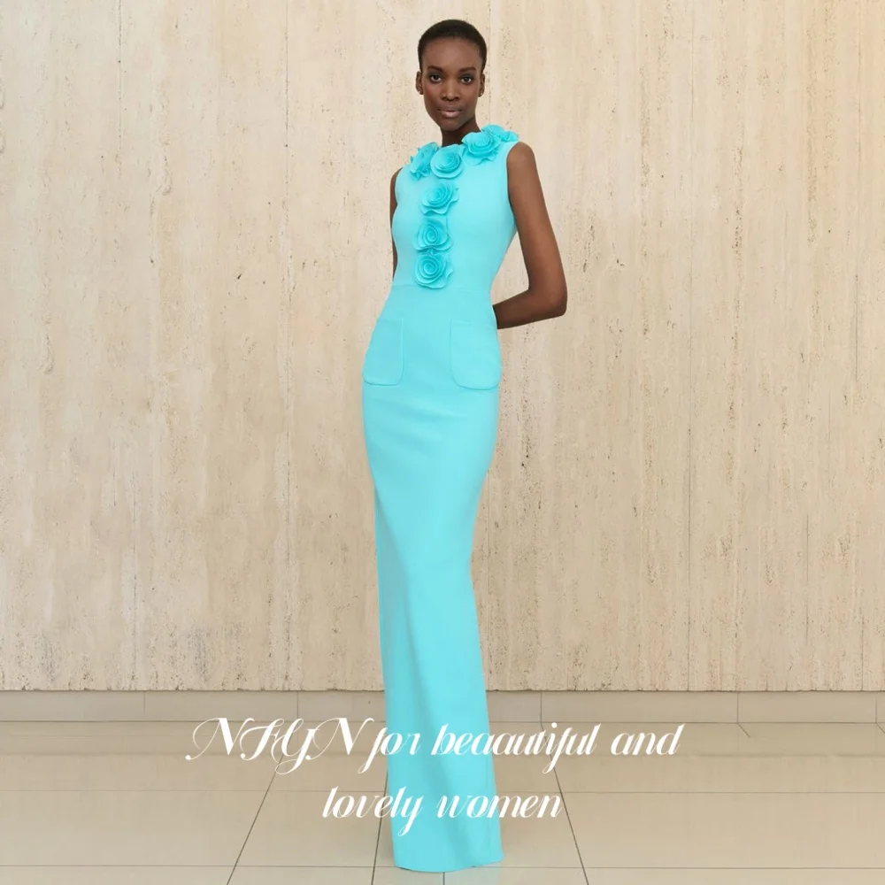 

NFYN Blue Elegant Prom Dresses O-Neck 3D-Flowers Prom Gown Pleating Mermaid Evening Dresses for Woman robe de bal Customized