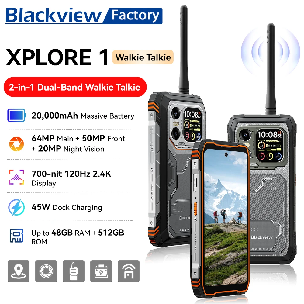 Blackview XPLORE 1 Walkie Talkie Rugged Phone 6.78'' Display MTK Dimensity 7050 16GB+512GB 20000mAh 64MP Smartphon 5G Android 15