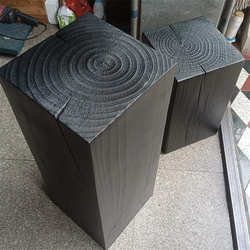 Wabi Sabi wind carbonized black log pier B & B square ornament stump leisure creative solid wood home low stool