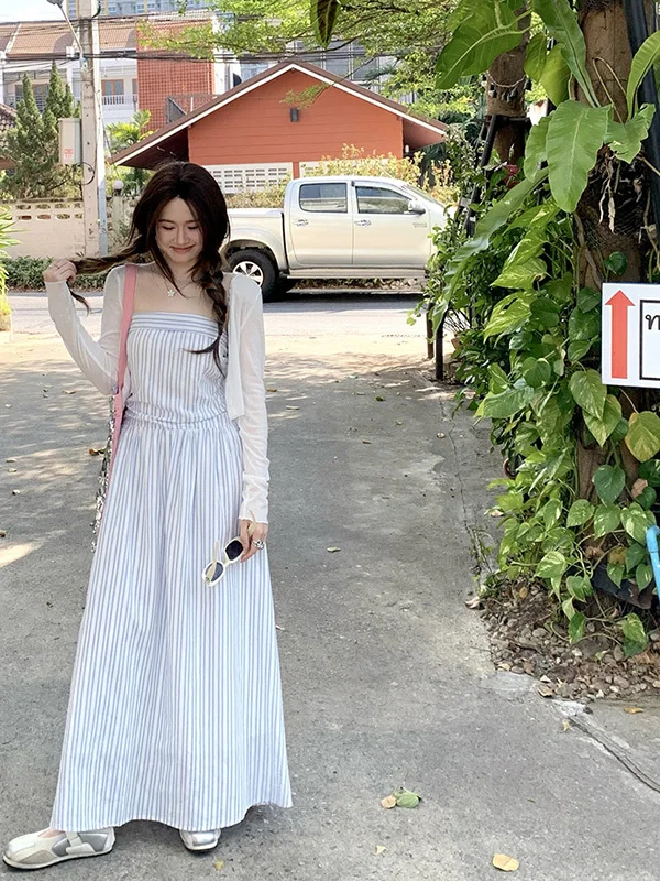 

plus Size Blue Stripe A-Line Dress Summer Spring New Style Slimming Holiday Vibes Strapless Long Gown Women's Fashion
