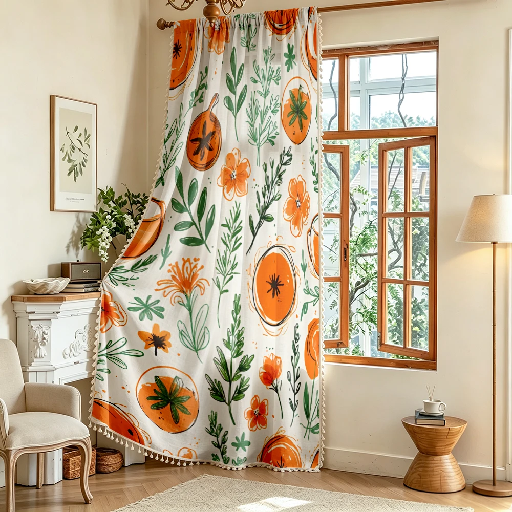 1PC Floral Tassel Sheer Curtains, Orange Slice Green Leaf, Digital Print, Linen Polyester, Bedroom Living Room, Home Decor