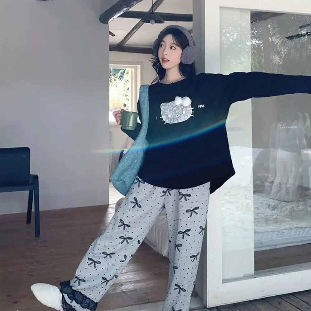 2 قطعة منامة القطن دعوى Kawaii مرحبا كيتي النساء أنيمي Homewar لطيف طويلة الأكمام السراويل الخريف الكرتون الفتيات ملابس خاصة غير رسمية #3