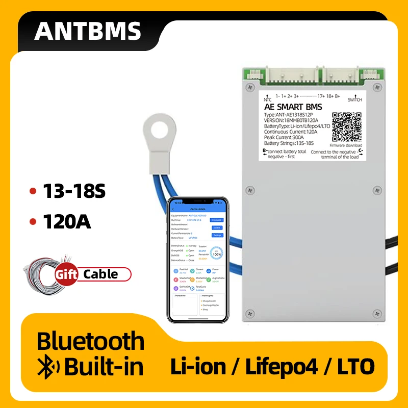 

ant bms 13S to 18S support Li-Ion LiFePo4 LTO Battery smart bms Bluetooth Built-in 48V 60v 72v Same Port smart Balance board