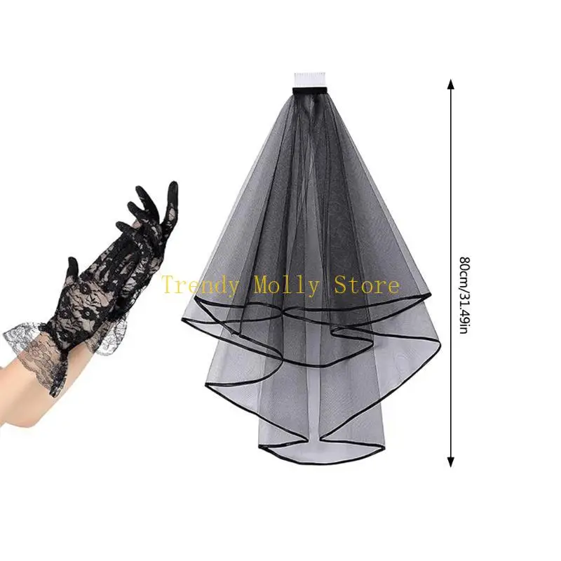 N5KB Halloween Black Lace Veil and Gants Set pour les costumes accessoires gothiques