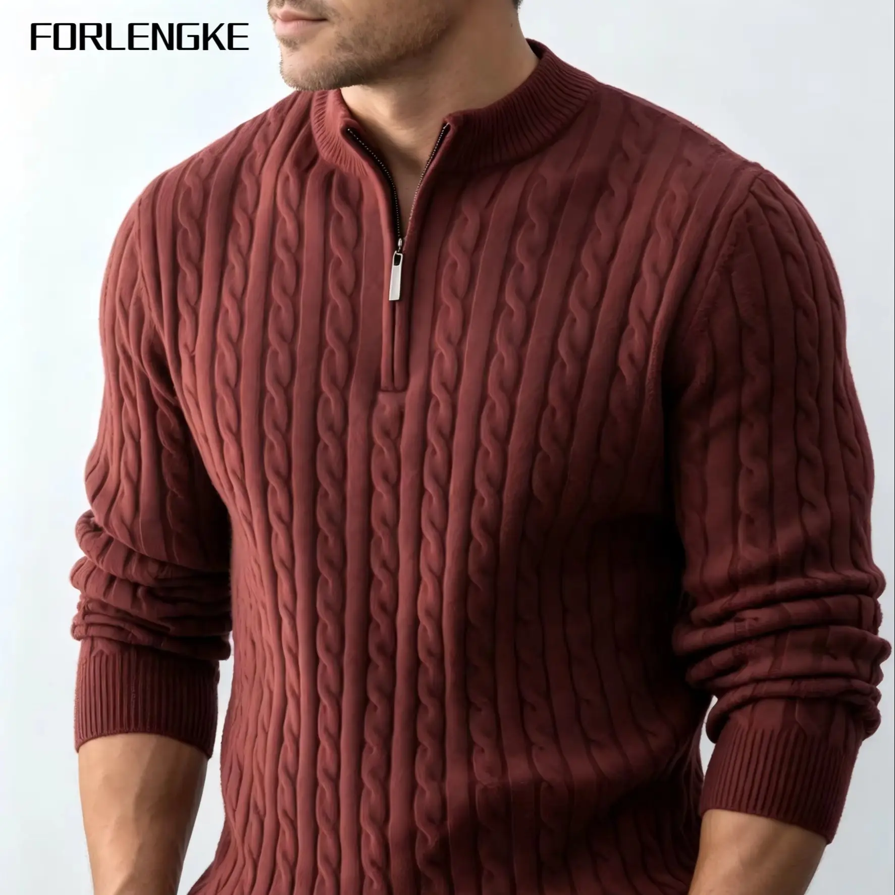 FORLENGKE Herren Business Casual Halbzip-Pullover mit Stehkragen, Weicher Warmer Acryl-Langarm-Pullover für Herbst und Winter – Detail 1