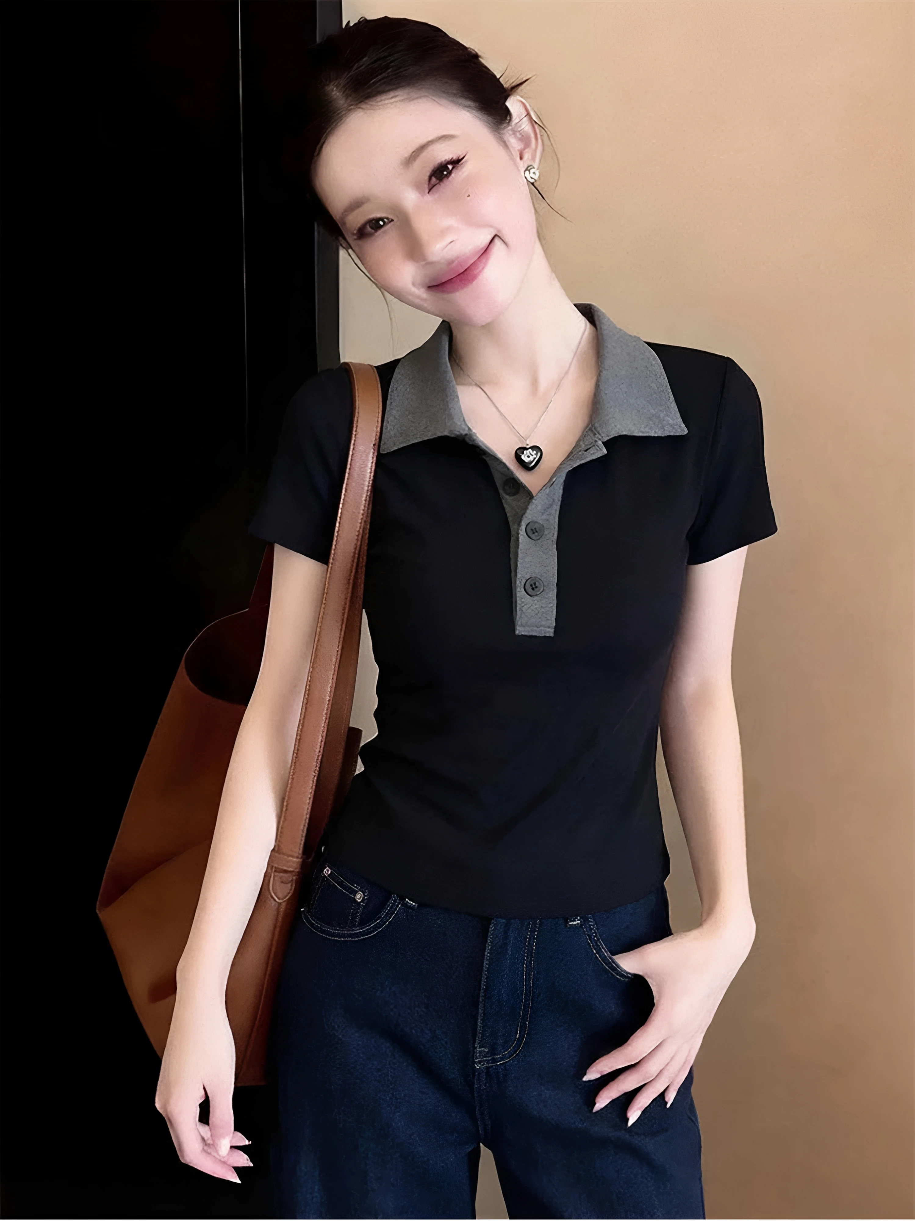 

Slim Fit Shirt Short Sleeve 95 Cotton Waist Cinched Collared T-Shirt for Women Summer Color Block Fashion Casual Top