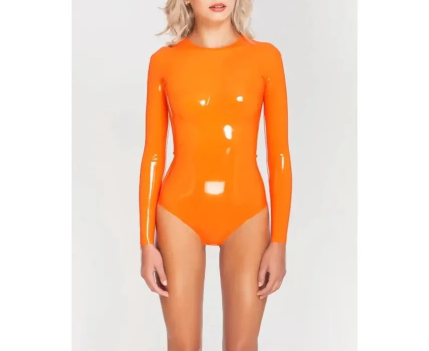 

customized Women Orange Latex Jumpsuit Neck Entry Clothing Rubber Tight Leotard Swimming Suit No Zip clubwear