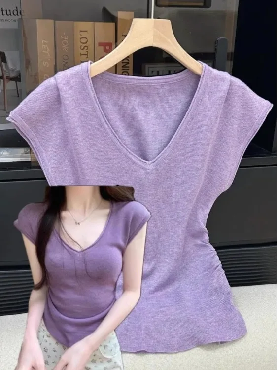 

Фиолетовая вязаная футболка с V-образным вырезом из ледяного шелка, асимметричная, с короткими рукавами, женская, приталенная, модная, весенняя, укороченная