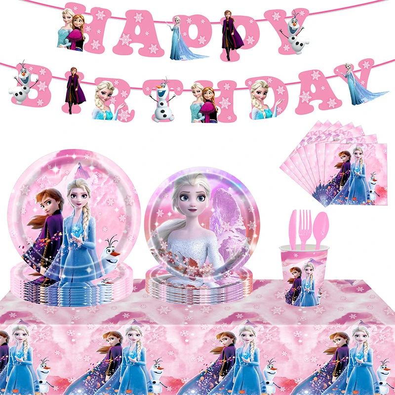 디즈니 겨울왕국 생일 파티 장식, 안나 엘사 스노우 퀸 핑크 & 블루 식기 용품, 종이 냅킨 플레이트 컵, 아이 베이비 샤워