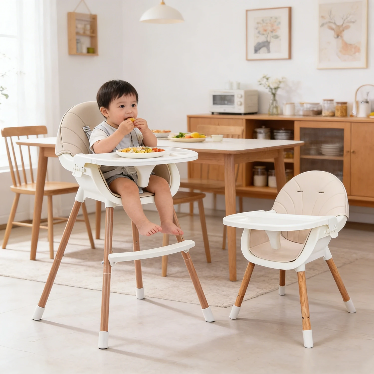 

2-in-1 Convertible Baby High Chair & Waterproof Booster Seat Metal Leg– Adjustable Height, 5-Point Harness, Removable Tray